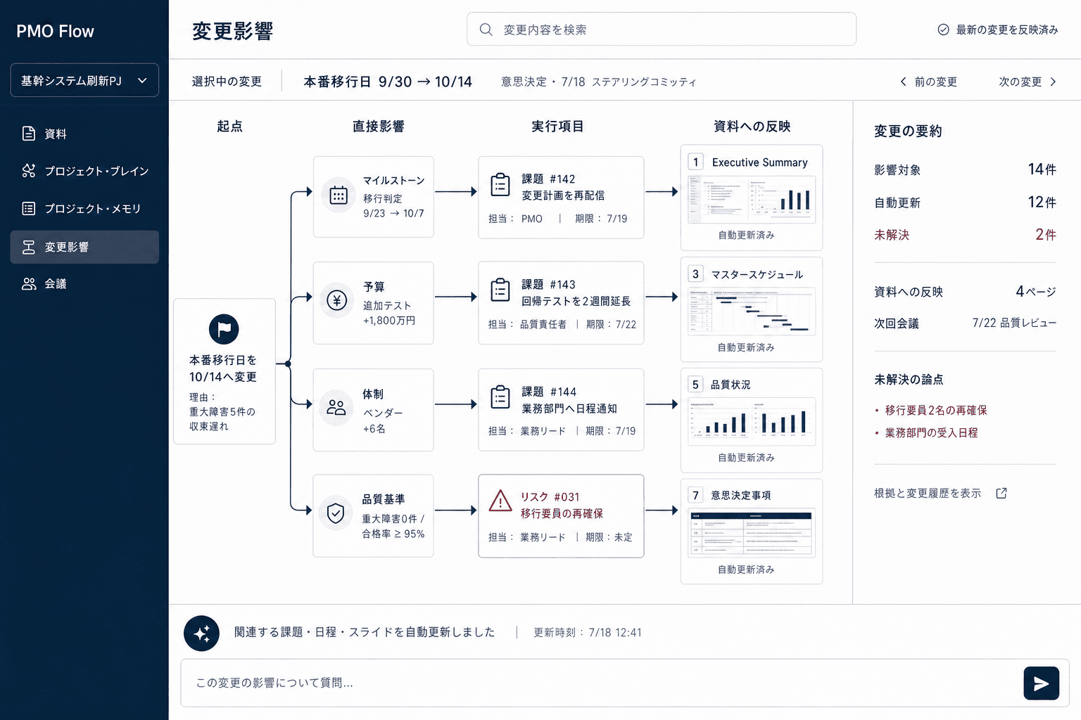 変更の影響先を確認するの製品画面